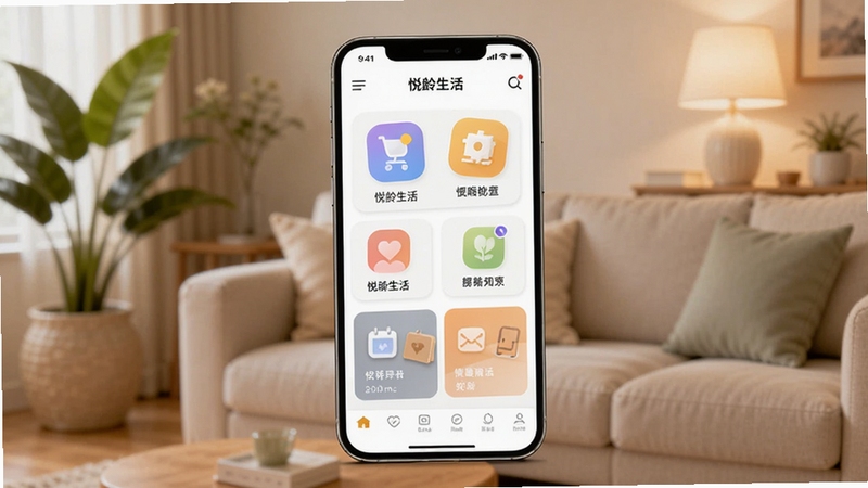 画面主体为一部智能手机居中放置,屏幕显示悦龄生活应用首页的大字体图标与清晰分区界面,背景为温暖的客厅环境,有绿植与柔和灯光,整体色调温馨明亮,突出中老年用户轻松操作手机的场景,适配Boogu模型生成