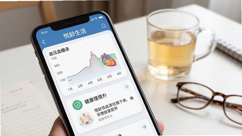 悦龄生活应用内健康管理界面特写,手机屏幕显示血压血糖记录图表与健康提示卡片,背景为整洁的居家桌面,旁边放置一杯温水与老花镜,画面清晰柔和,体现中老年健康管理场景