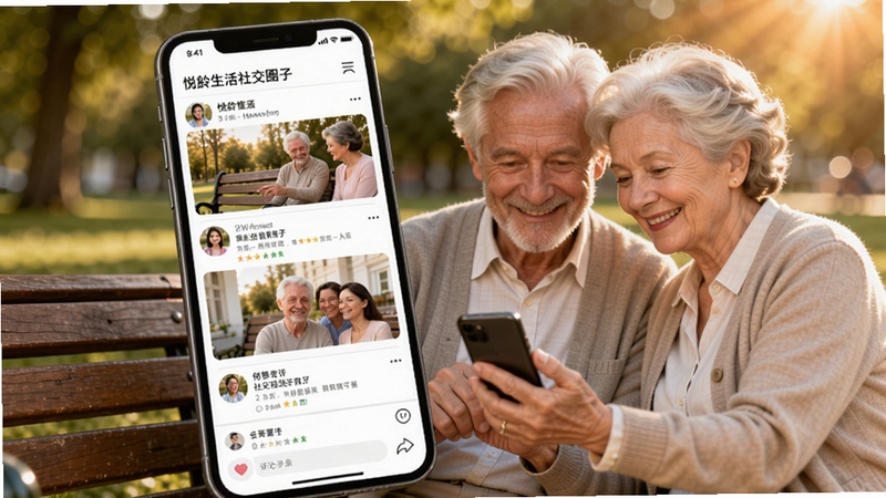 悦龄生活社交圈子页面展示,手机屏幕呈现图文动态列表与评论互动区域,背景为公园长椅与暖阳,有两位中老年用户微笑看手机的画面,整体氛围亲切自然