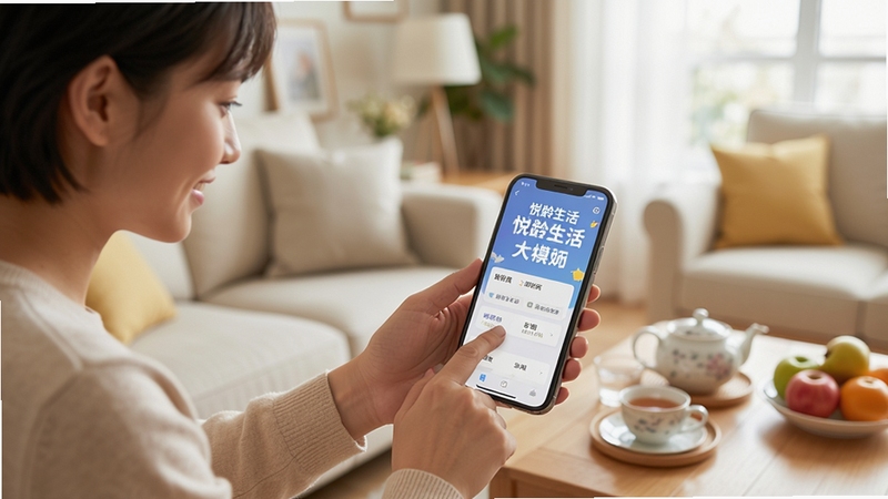 一位年轻子女协助家中长辈操作手机的温馨场景,手机屏幕显示悦龄生活大字体界面,背景为明亮客厅,桌上摆放茶具与水果,画面传递代际关怀与易用体验