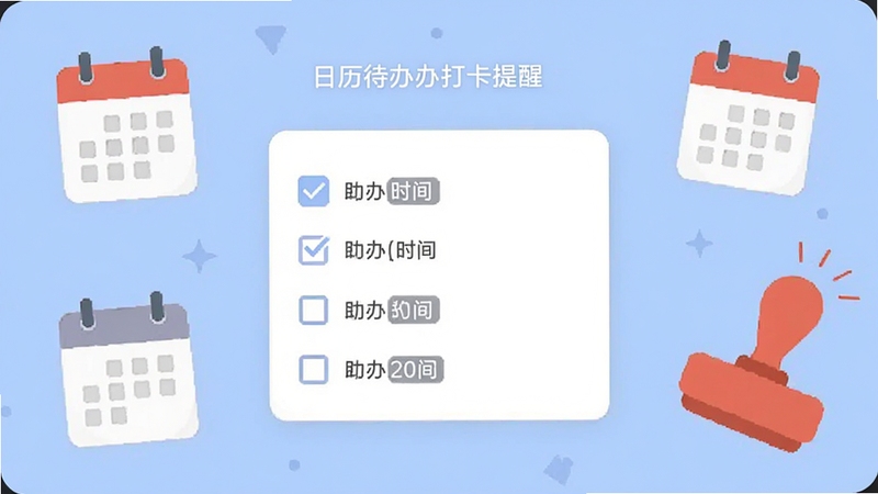 一款名为日历待办打卡提醒的手机应用界面,浅蓝色背景,中央展示待办清单卡片,卡片上有勾选框和时间标签,周围环绕日历图标与打卡印章元素,扁平化插画风格,画面干净清爽