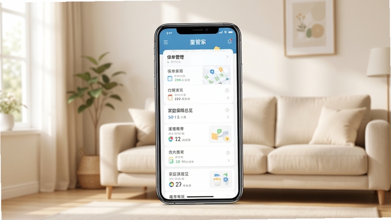 童管家软件主界面全貌展示,画面中央是手机屏幕中的保单管理列表与家庭保障总览卡片,背景为浅米色居家客厅环境,柔和自然光从左侧窗户照入,整体风格清新简约,突出家庭保障管理主题