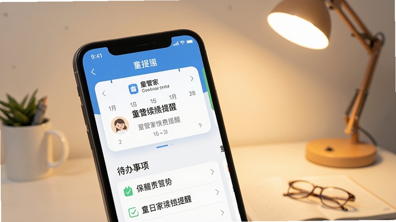 童管家续费提醒功能界面特写,手机屏幕上显示日历式提醒卡片与待办事项列表,背景为简洁的书桌场景,暖色调台灯光线,画面干净利落,体现时间管理与保障提醒的实用感