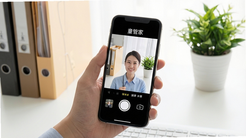 童管家手机端操作步骤示意图,画面展示手持手机进行保单拍照录入的动作特写,背景为整洁的办公桌面,有文件夹与绿植点缀,光线明亮柔和,体现便捷录入的使用场景