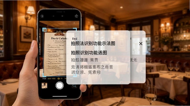 法语翻译拍照识别功能示意图,画面主体为一只手举着手机对着法语餐厅菜单拍照,手机屏幕显示识别框与中文翻译结果浮层,背景为温馨的法式餐厅环境,暖色调灯光,突出即拍即译的便捷体验