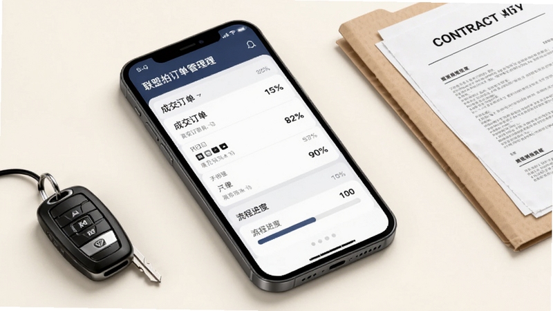 联盟拍订单管理界面示意图,手机屏幕展示成交订单列表与流程进度条,画面角落放置汽车钥匙与合同文件夹,背景为柔和米白色,商务简约风格,适配Boogu模型生成