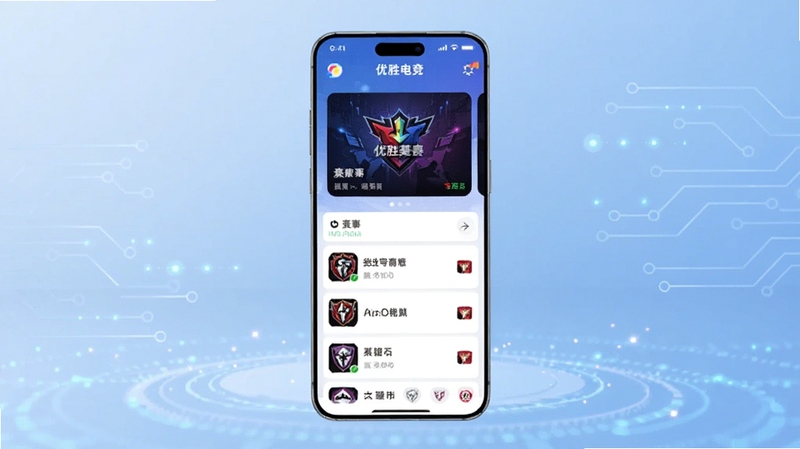 画面主体为一部竖屏智能手机居中放置,屏幕内展示优胜电竞应用首页界面,包含赛事卡片与战队列表模块,背景为浅蓝渐变科技感空间,四周点缀抽象电路纹理与光点,整体风格简洁现代,适配Boogu模型生成