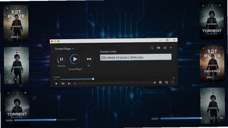 Torrent Player 软件主界面全貌展示,画面中央为播放器控制面板与磁力链接输入框,背景为深色科技感渐变,四周环绕视频封面缩略图与下载进度条,整体风格简洁现代,适配软件下载站展示场景