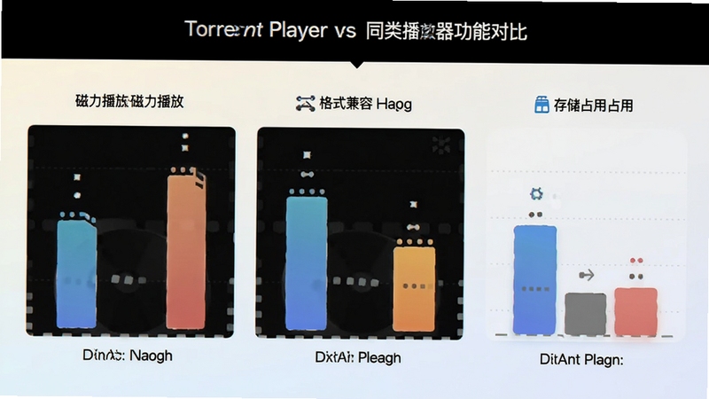 Torrent Player 与同类播放器功能对比示意图,画面以信息图表形式展示磁力播放、格式兼容、存储占用三项指标,风格为简约数据可视化设计,背景为浅色渐变