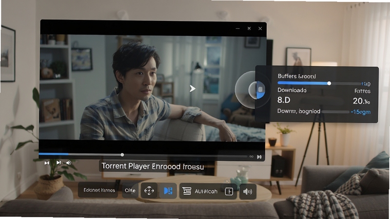 Torrent Player 播放界面特写,画面中视频正在流畅播放,右侧悬浮显示缓冲进度与下载速度,底部为字幕切换与音轨选择按钮,背景为客厅观影环境,突出边下边播的流畅体验