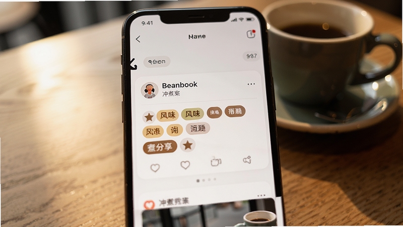 Beanbook 冲煮方案分享卡片界面,画面主体为手机屏幕中一张带风味标签的分享卡片位于画面中心,背景区域为咖啡馆木质桌面与陶瓷杯碟虚化,暖色调侧光,写实静物摄影风格