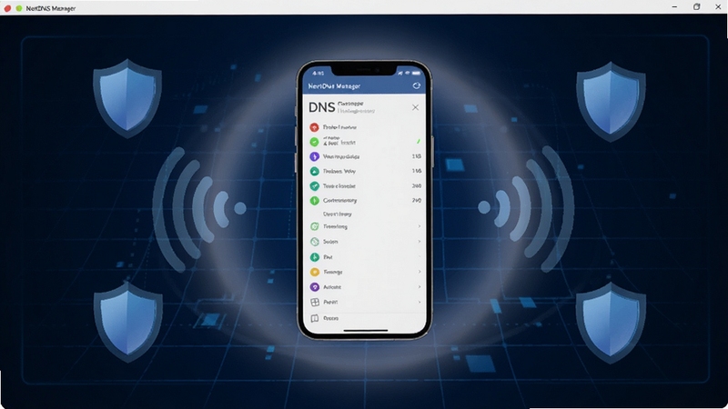 NextDNS Manager软件主界面全貌展示,画面中央悬浮一部智能手机,屏幕显示DNS配置管理面板与状态指示灯,背景为深蓝色科技感网格与柔和光晕,四周环绕盾牌与信号波纹元素,整体风格简洁现代,适配Boogu模型生成