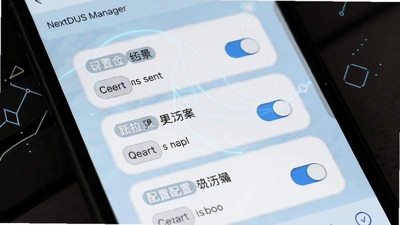 NextDNS Manager多配置方案列表界面,手机屏幕展示三张配置卡片纵向排列,每张卡片带有场景标签与切换开关,背景为淡蓝色柔和光晕与几何图形点缀,整体呈现卡片式设计风格