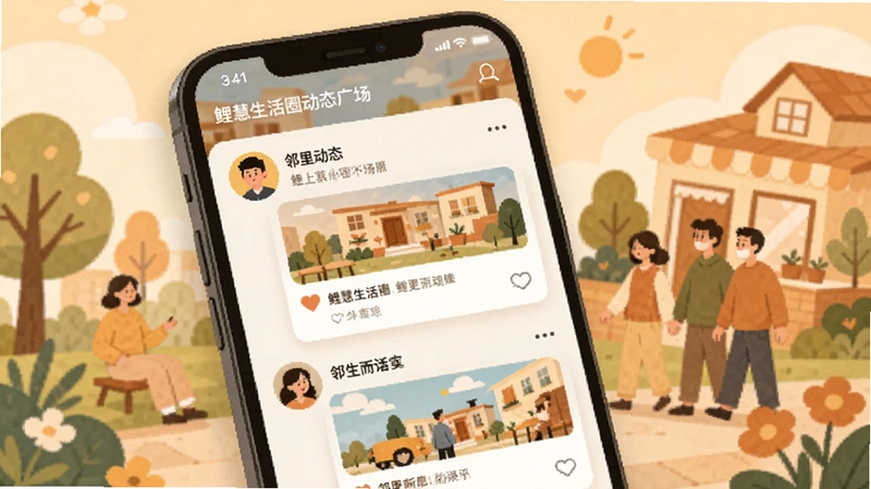 鲤慧生活圈动态广场界面插画,手机屏幕中展示邻里动态信息流,暖色调社区场景背景,扁平化设计风格,画面包含人物头像与图文卡片细节