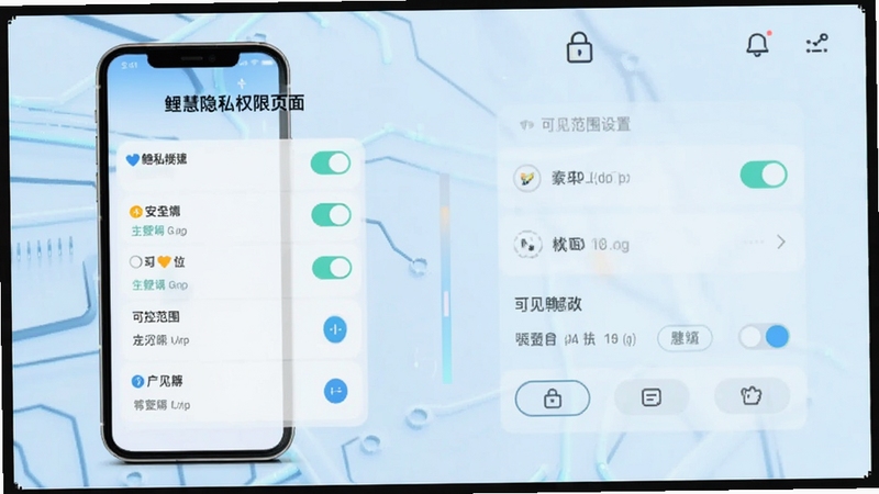 鲤慧隐私权限设置页面示意图,手机界面展示开关列表与可见范围选项,浅蓝色科技感背景,简洁UI风格,突出安全与可控