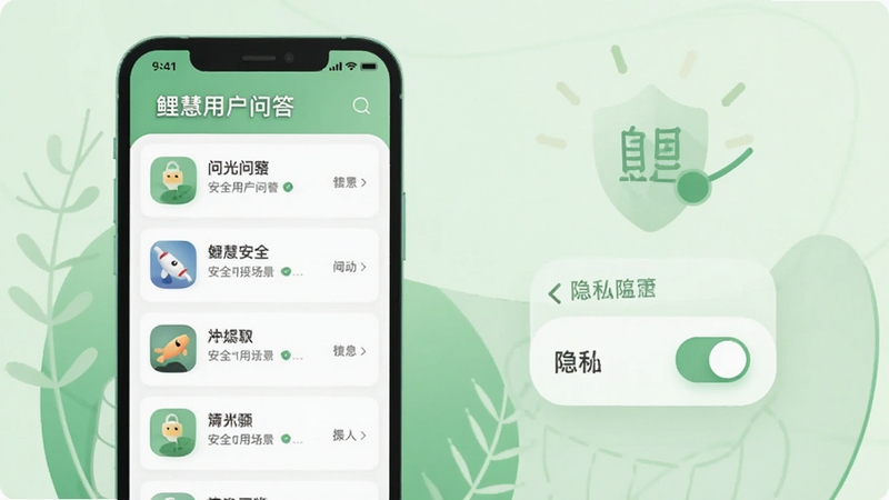 鲤慧用户问答与安全使用场景插画,手机界面展示问答列表与隐私开关,柔和绿色调背景,扁平插画风格,突出安全与信任感