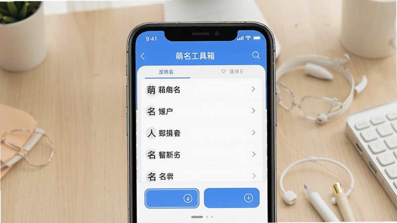 萌名工具箱应用主界面展示,画面中央为手机屏幕内的取名功能界面,背景为浅色桌面环境,屏幕中显示名字列表与筛选按钮,整体风格清爽简洁,突出实用工具类应用质感