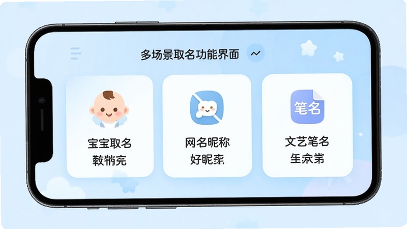 萌名工具箱多场景取名功能界面,画面展示手机屏幕中并列排列的宝宝取名、网名昵称、文艺笔名三个功能入口,每个入口配有对应的图标与示例名字,背景为柔和浅蓝色渐变,整体布局清晰有序