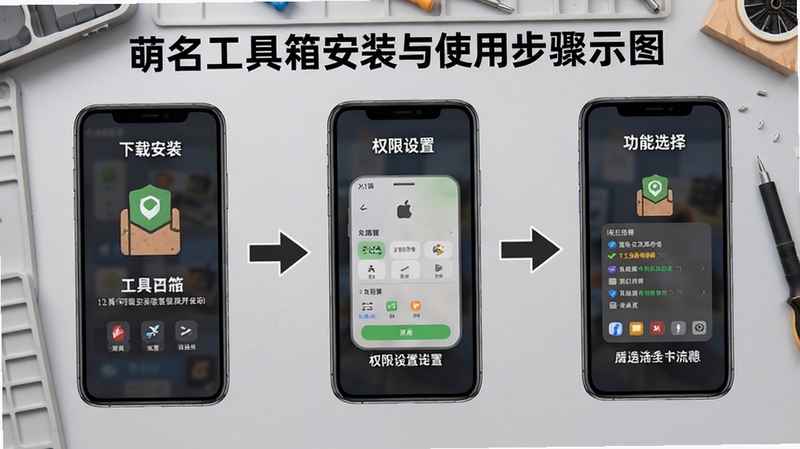 萌名工具箱安装与使用步骤示意图,画面以手机屏幕分步展示下载安装、权限设置、功能选择三个环节,配以简洁箭头引导,背景为浅灰色工作台环境,整体风格教程化、易读性强