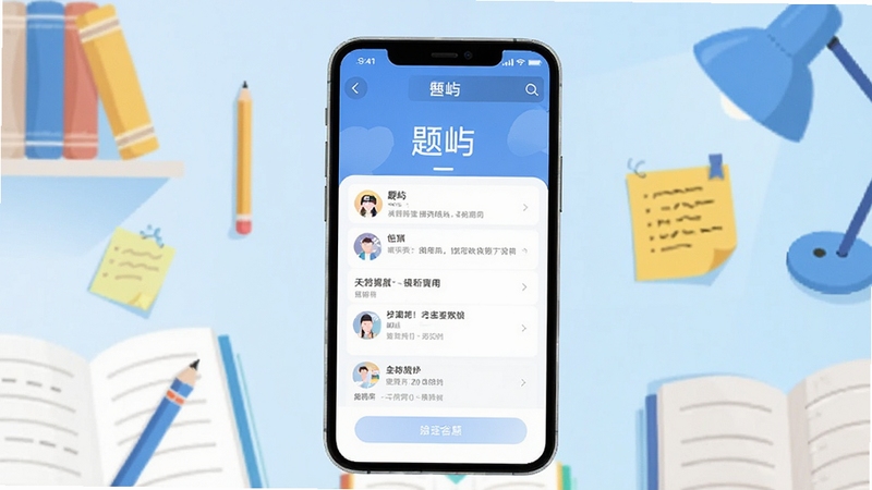 题屿软件答题界面全貌展示,手机屏幕居中显示,背景为浅蓝色渐变书房场景,画面主体为一部竖屏手机展示题屿答题页面,周围环绕书本、铅笔、便签等学习元素,整体风格清新明亮,扁平化插画设计,分辨率1080x1920