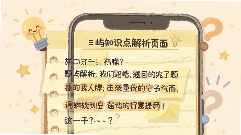 题屿知识点解析页面展示,手机屏幕显示题目解析文字和关键词高亮标注,背景为淡黄色便签纸纹理,有灯泡和问号图标点缀,整体风格温和亲切,扁平化插画设计