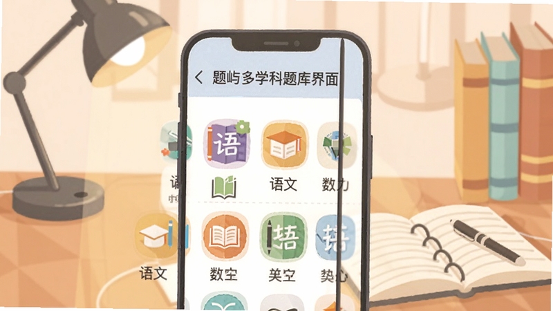 题屿多学科题库界面展示,手机屏幕中显示语文数学英语等多个学科图标整齐排列,背景为温馨的书桌场景,有台灯和笔记本点缀,画面色彩柔和,扁平化矢量插画风格,突出学科分类的清晰感