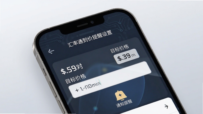 汇率通到价提醒设置页面,手机屏幕上显示货币对与目标价格输入框,通知提醒图标醒目,背景为淡灰色渐变,科技感轻量风格