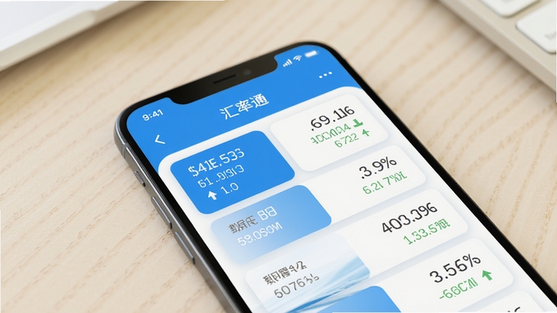 汇率通手机应用界面展示多国货币实时汇率卡片,清爽蓝白配色,手机屏幕特写,背景为浅色桌面,画面简洁明亮,突出汇率数字与涨跌箭头,写实风格