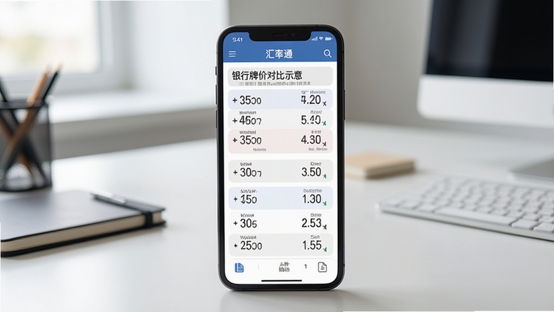 汇率通应用内汇率参考页面与银行牌价对比示意,手机屏幕展示多行汇率数字,背景为简洁办公桌面,自然光,商务写实风格
