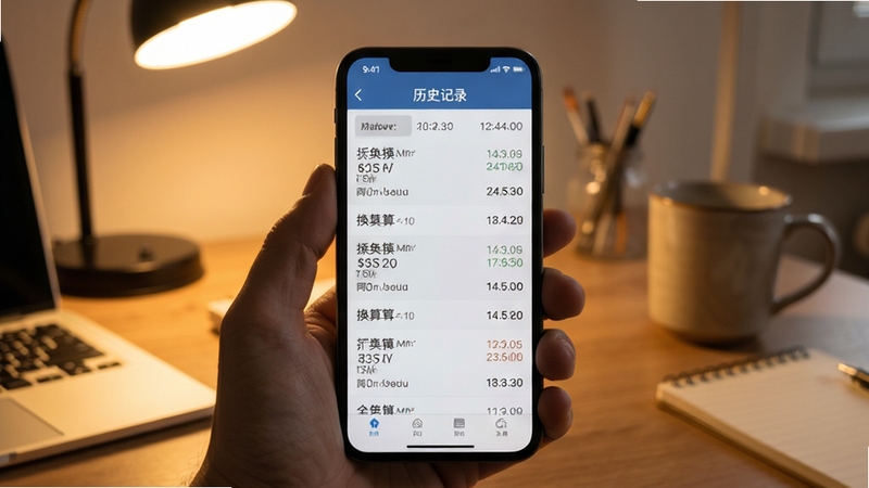 汇率通离线缓存与历史记录界面,手机屏幕显示历史换算列表与时间戳,背景为室内桌面环境,暖色调光线,生活化写实风格