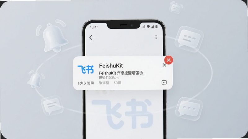 画面中央一部安卓手机屏幕亮起,显示FeishuKit消息提醒增强功能界面,通知卡片上带有飞书图标与未读消息角标;手机周围环绕半透明的铃铛与消息气泡图标,背景为柔和浅灰蓝色渐变,风格简洁现代,突出提醒增强的视觉概念,适合功能展示配图。