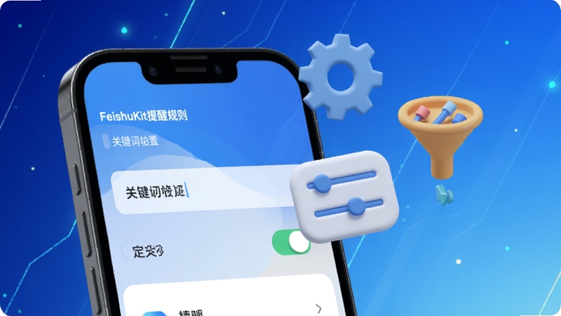 画面展示FeishuKit提醒规则自定义设置页面,手机屏幕中可见关键词输入框与开关选项,旁边漂浮着齿轮、滑块与筛选漏斗的立体图标;背景为深蓝到浅蓝的渐变科技感背景,点缀细微光点,突出个性化设置与精准筛选的主题。