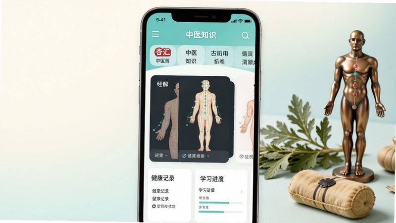 ���廭�����һ�������ֻ���Ļ����չʾ�ӻ���ҽӦ����ҳ���棬��ҳ�Ϸ�Ϊ��ҽ֪ʶ���ർ�����в�Ϊ����Ѩλͼ�⿨Ƭ���ײ�Ϊ������¼��ѧϰ����ģ�飬����Ϊ����װ�ɫ�뵭��ɫ���䣬�����Ҳ��׺���ݡ�������ͭ��Ѩλģ�͵���ҽԪ�أ����������¼�࣬����Booguģ������