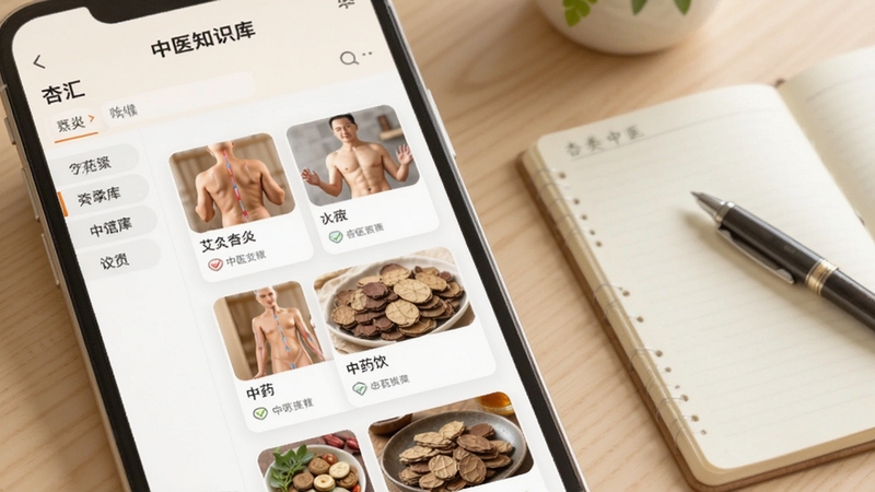 �ӻ���ҽӦ������ҽ֪ʶ��ҳ����д����Ļ��ʾ����Ŀ¼��ͼ�Ŀ�Ƭ�б�����Ƭ�ϴ��а��ġ�Ѩλ����ҩ��Ƭ������ͼ������Ϊǳľɫ���棬�Ա߷���һ�������ıʼǱ���һ֧�ʣ�����������ͣ�ͻ��ѧϰ����������Booguģ������