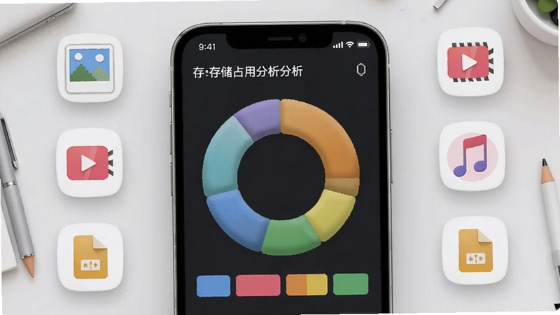 存储占用分析软件界面展示环形图与分类色块,手机屏幕居中,周围环绕照片、视频、音乐、文档等图标,背景为淡灰色工作台场景,画面干净明亮,强调数据可视化与存储占用分析主题,适合Boogu模型生成