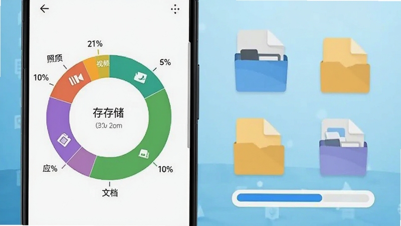 画面主体位于中心偏左位置,展示一部安卓手机屏幕,屏幕上呈现存储占用分析软件的环形图表界面,清晰标注照片、视频、应用、文档等分类占用比例,背景为浅蓝色渐变桌面环境,右侧放置几个悬浮的文件图标与进度条元素,整体风格清爽扁平化,突出存储占用分析的核心功能全貌,适配Boogu模型生成