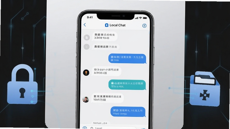软件主界面预览图,画面中央是一部智能手机,屏幕上显示Local Chat应用的聊天对话界面,气泡式对话布局,背景为柔和的浅灰色渐变,手机两侧点缀着数据锁与本地存储图标,整体风格简洁科技感,适配Boogu模型生成