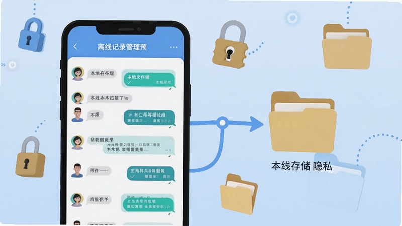 Local Chat离线记录管理界面预览图,画面展示手机屏幕上的对话列表与本地存储文件夹图标相连,背景为浅蓝色调,点缀锁形与文件夹元素,突出本地保存与隐私保护概念,整体扁平化插画风格