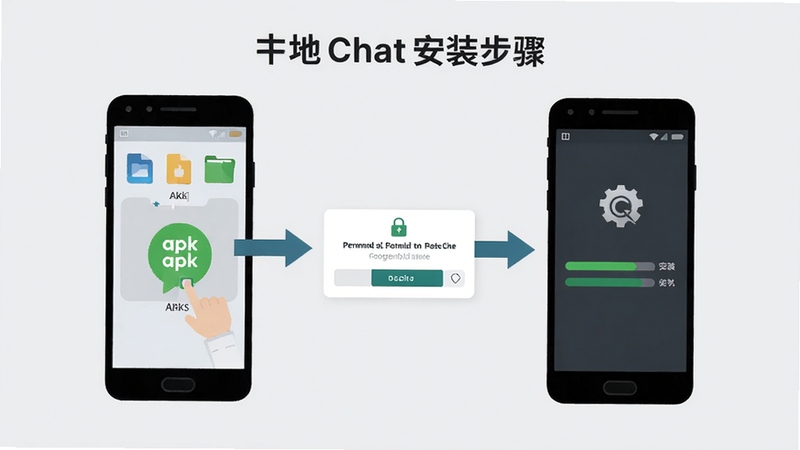 Local Chat安装步骤示意图,画面展示手机屏幕上从文件管理器点击apk到安装完成的流程,包含权限弹窗与进度条元素,背景为浅灰色,风格为扁平化步骤插画,突出安装引导主题