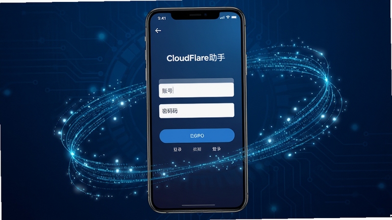 CloudFlare助手安卓端账户登录界面展示,手机屏幕中央显示登录表单,背景为深蓝色渐变科技风格,界面干净简洁,包含账号密码输入框与登录按钮,周围环绕数据流动光效,整体呈现专业管理工具氛围