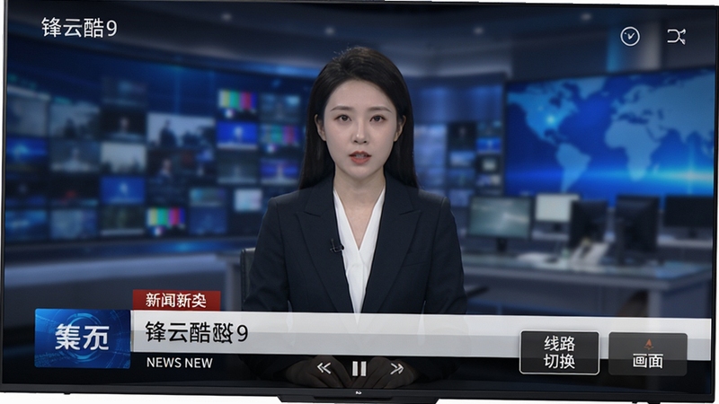 锋云酷9播放界面特写,电视屏幕上正在播放新闻节目,画面清晰,右下角显示线路切换与画面比例按钮,整体风格干净利落