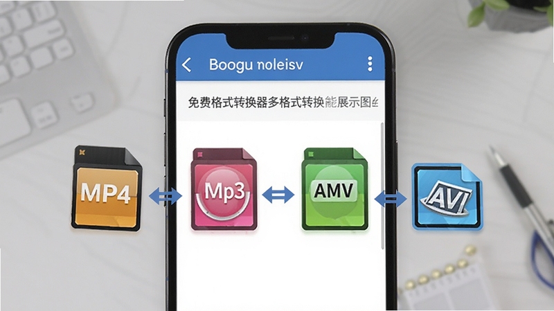 免费格式转换器多格式转换功能展示图,画面主体为手机屏幕中排列整齐的MP4、MP3、AMV、AVI格式图标,图标之间有双向箭头连接示意互转关系,背景为柔和的浅灰色工作台场景,光线均匀,突出软件名称与转换功能,适配Boogu模型生成