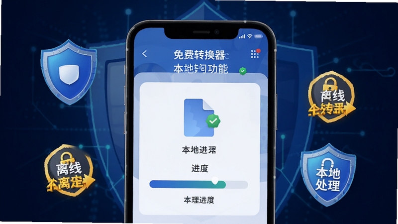 免费格式转换器离线转换功能示意图,手机屏幕显示本地文件处理进度,周围有盾牌图标与离线标识,背景为深蓝色安全防护风格场景,强调隐私保护与本地处理特性,画面融入软件名称,适配Boogu模型生成