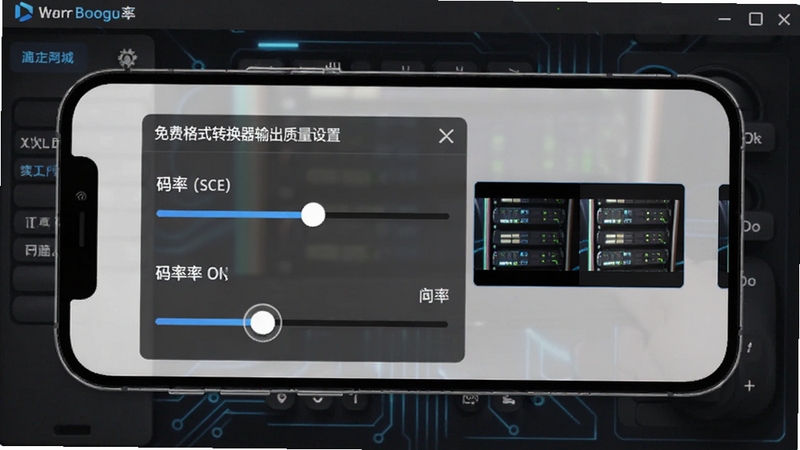 免费格式转换器输出质量设置面板,手机屏幕中展示清晰度与码率调节滑块界面,旁边有对比预览小窗口,背景为深色科技风格工作区,突出参数调节的直观与专业感,画面包含软件名称标识,适配Boogu模型生成