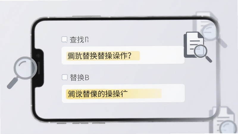 文件替换工具内容替换操作界面,手机屏幕显示查找框与替换框,高亮显示匹配到的文字内容,背景为柔和浅灰色,画面中有放大镜与文档图标点缀,风格简约商务