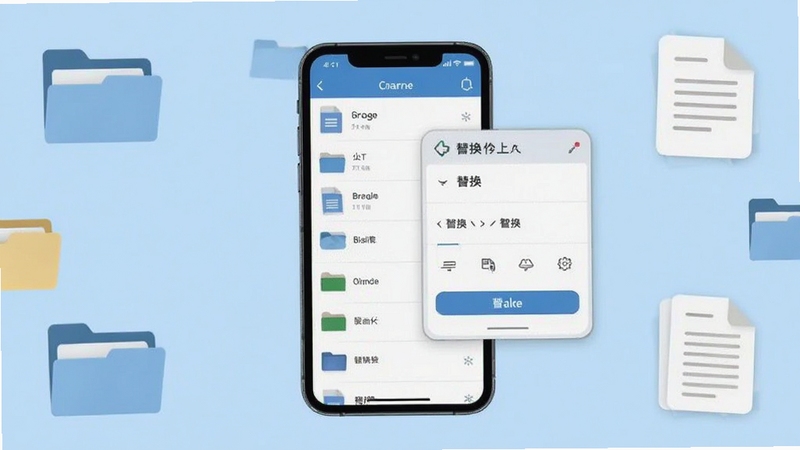 文件替换工具主界面展示,画面中央为手机屏幕中的文件列表与替换操作面板,背景为浅蓝色办公桌面,周围点缀文件夹图标与文档符号,整体风格简洁清新,适配Boogu模型生成