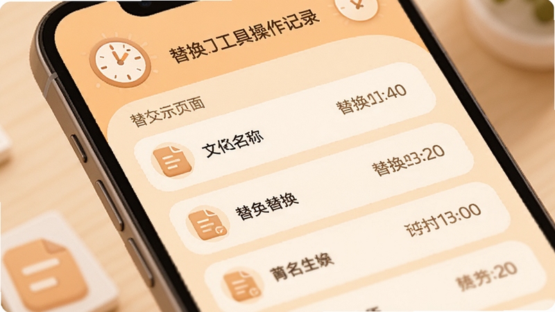 文件替换工具操作记录页面,手机屏幕显示替换历史列表,每条记录包含文件名与替换时间,背景为浅橙色暖色调,画面中有时钟与文档图标,风格柔和圆角
