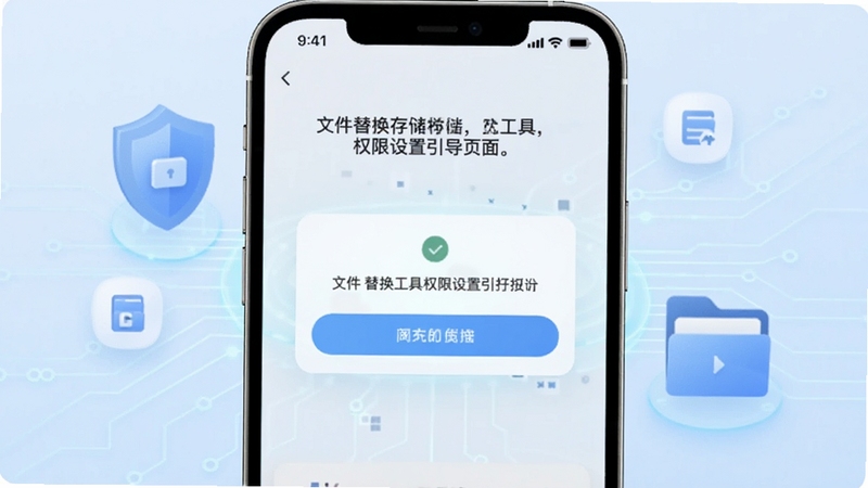 文件替换工具权限设置引导页面,手机屏幕显示存储权限授权弹窗,背景为浅蓝色科技感线条,画面中有盾牌与文件夹图标,风格清爽素雅