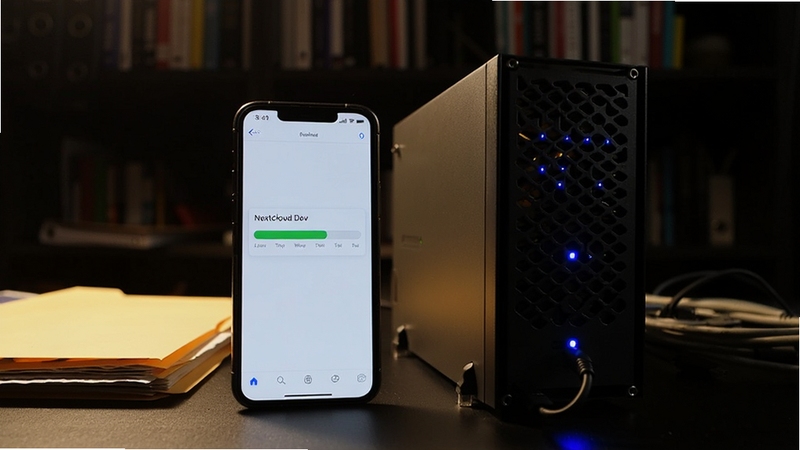 ����������һ���ֻ���һ̨С�ͷ������������ŷ��ã��ֻ���Ļ��ʾNextcloud Devͬ����������������ָʾ�Ʒ������⣬����Ϊ��ɫ�鷿�����������������ļ��������ߣ����ߴ��������γ������Աȣ�ͻ���������������ķ�Χ