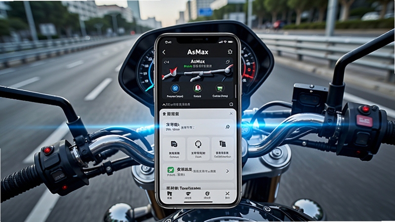 AsMax ��������������Ħ�г�����̧ͷ��ʾ�豸���ӳ�������������Ϊ�ֻ���Ļ��ʾ AsMax Ӧ�������棬����Ϊ���е�·��Ħ�г��Ǳ��̣��Ƽ�����ɫ��Ч������ϸ�ڣ���湹ͼ
